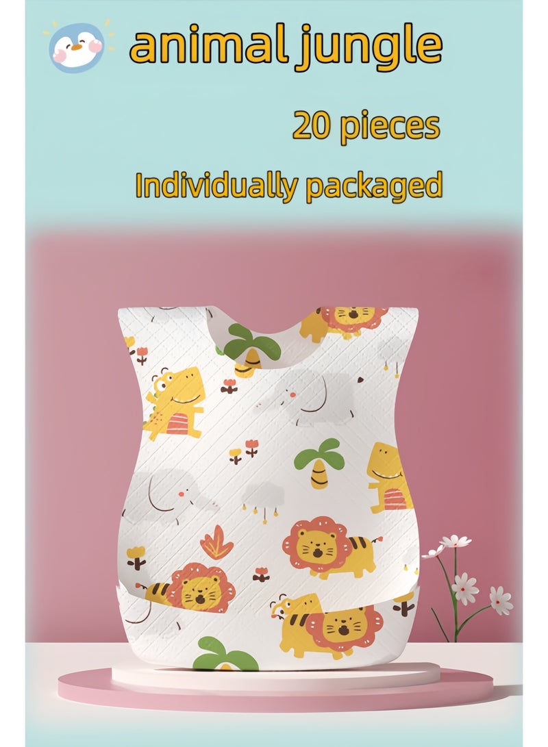 20 individually wrapped disposable animal jungle baby bibs, no washing required, suitable for babies 3 months and older. The 24x34 cm wide opening effectively prevents leaks, and the adjustable neck design provides double protection. - Image 2